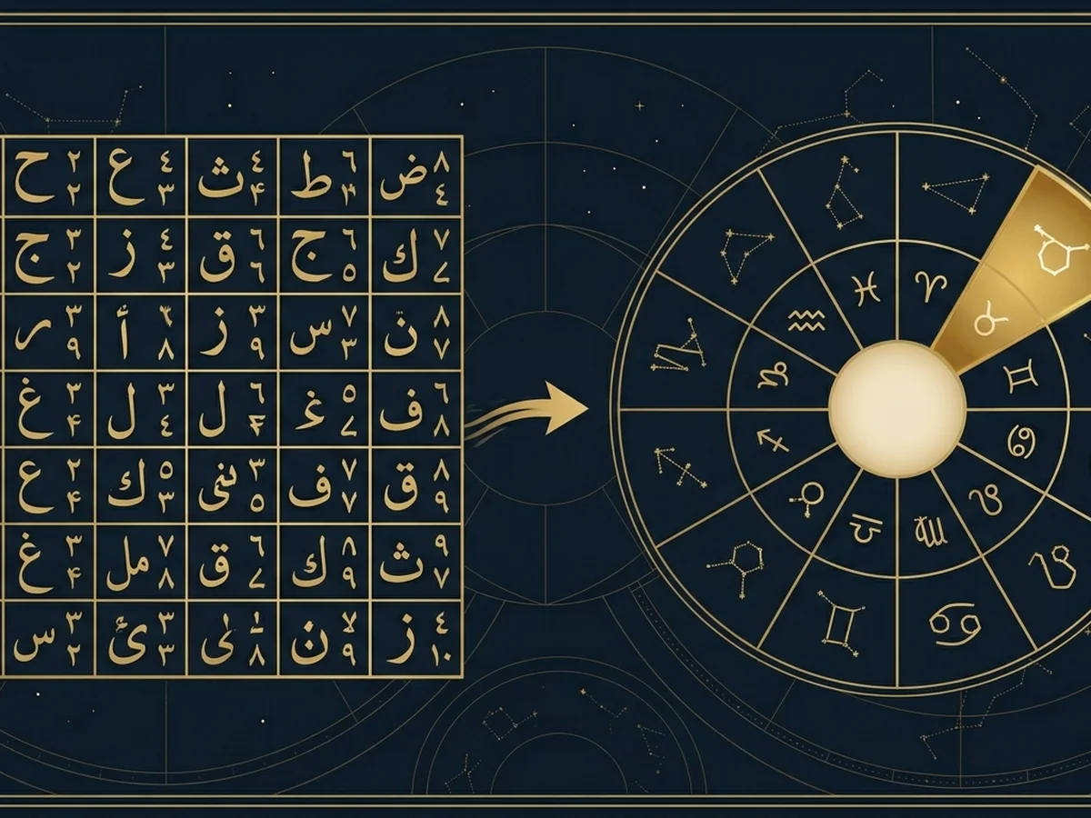 Ebced harf değerleri tablosu ve iki ismin toplamının 12'ye bölünerek burç eşleşmesine dönüştürülmesini gösteren infografik
