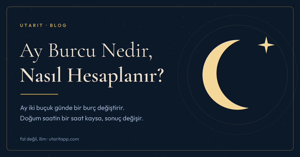 Ay burcu nedir — doğum anında Ay'ın bulunduğu burç. Utarit hilal amblemi ile lacivert-altın kapak görseli.
